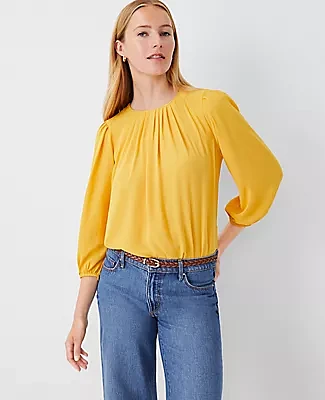 Ann Taylor Petite Mixed Media Pleat Neck Top