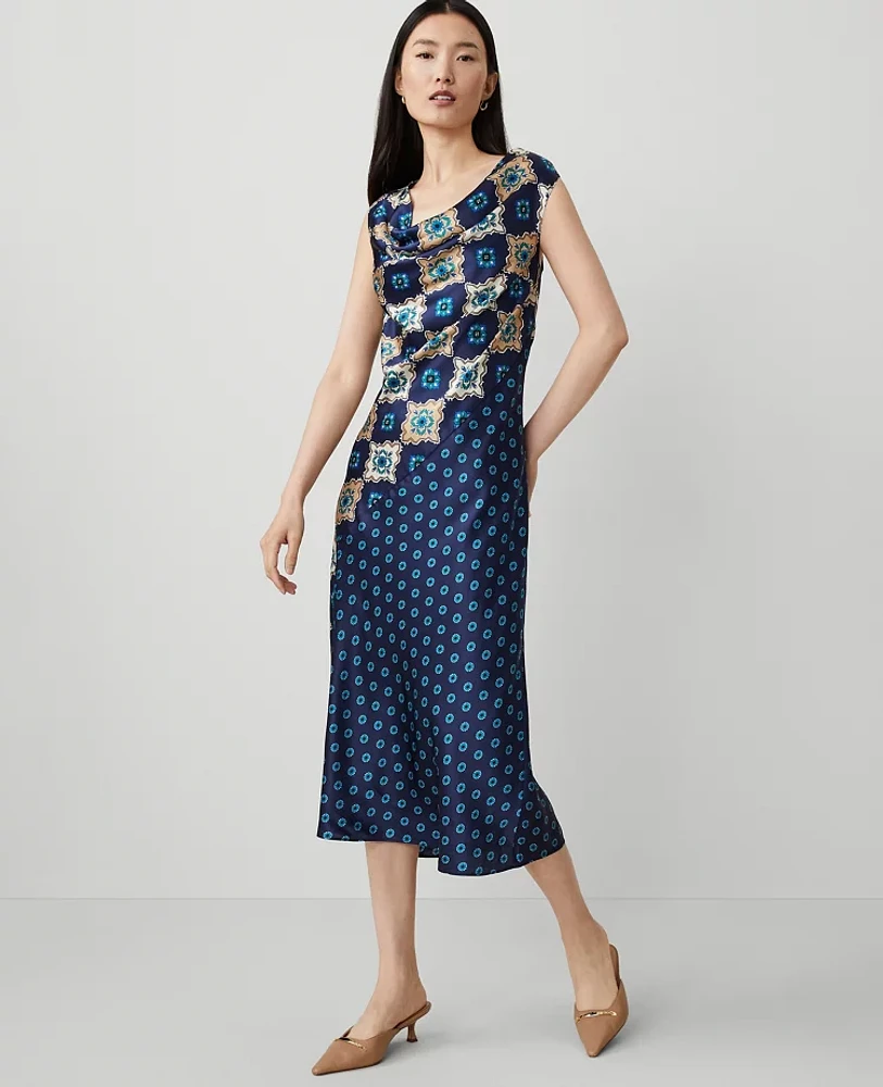 Ann Taylor Studio Collection Silk Tile Print Midi Dress Pure Sapphire Women's