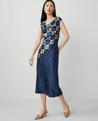 Ann Taylor Studio Collection Silk Tile Print Midi Dress Pure Sapphire Women's