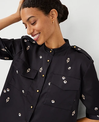 Ann Taylor Floral Utility Pocket Shirt Black Women's