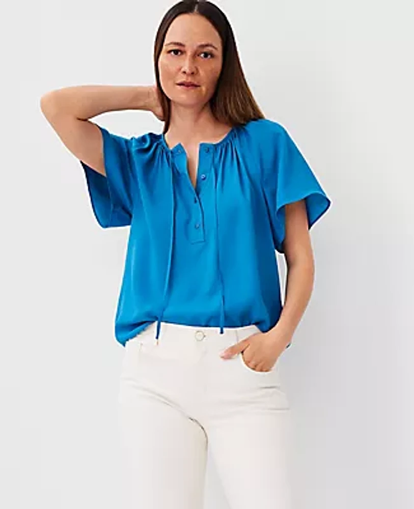 Ann Taylor Shirred Tie Neck Button Popover Top