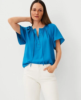 Ann Taylor Shirred Tie Neck Button Popover Top Santorini Women's