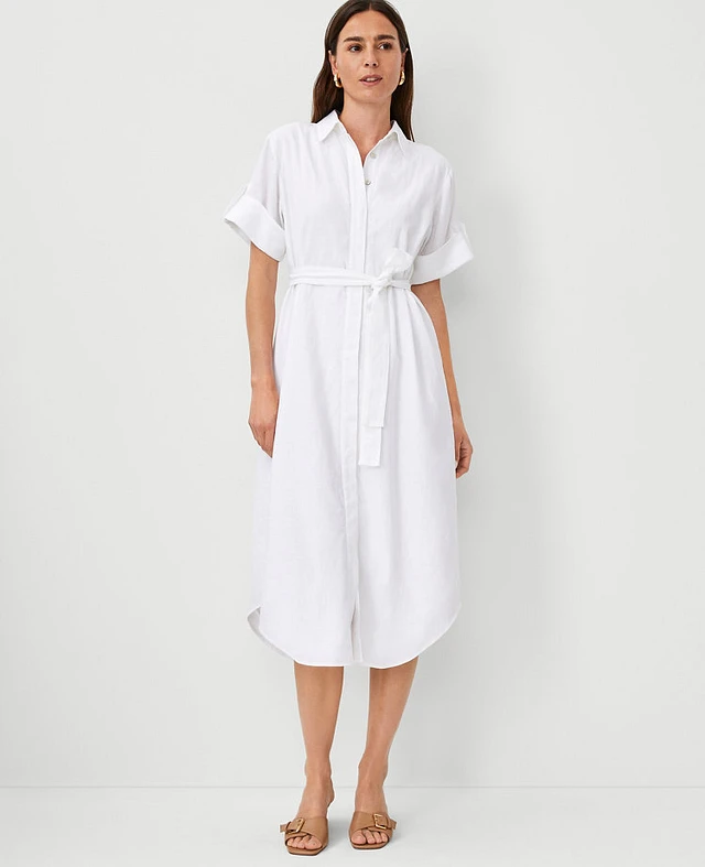 knee length dresses for ladies Linen Blend Floral Midi Shirt Dress | Shirt Dress main image 0