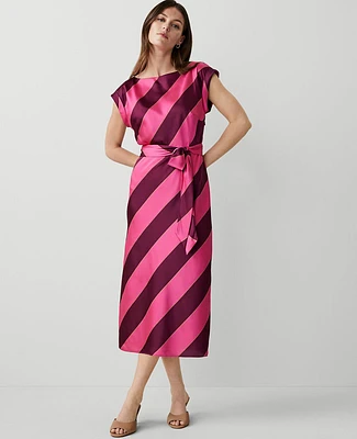 Ann Taylor Striped Boatneck Flare Midi Dress Bold Pink Women's