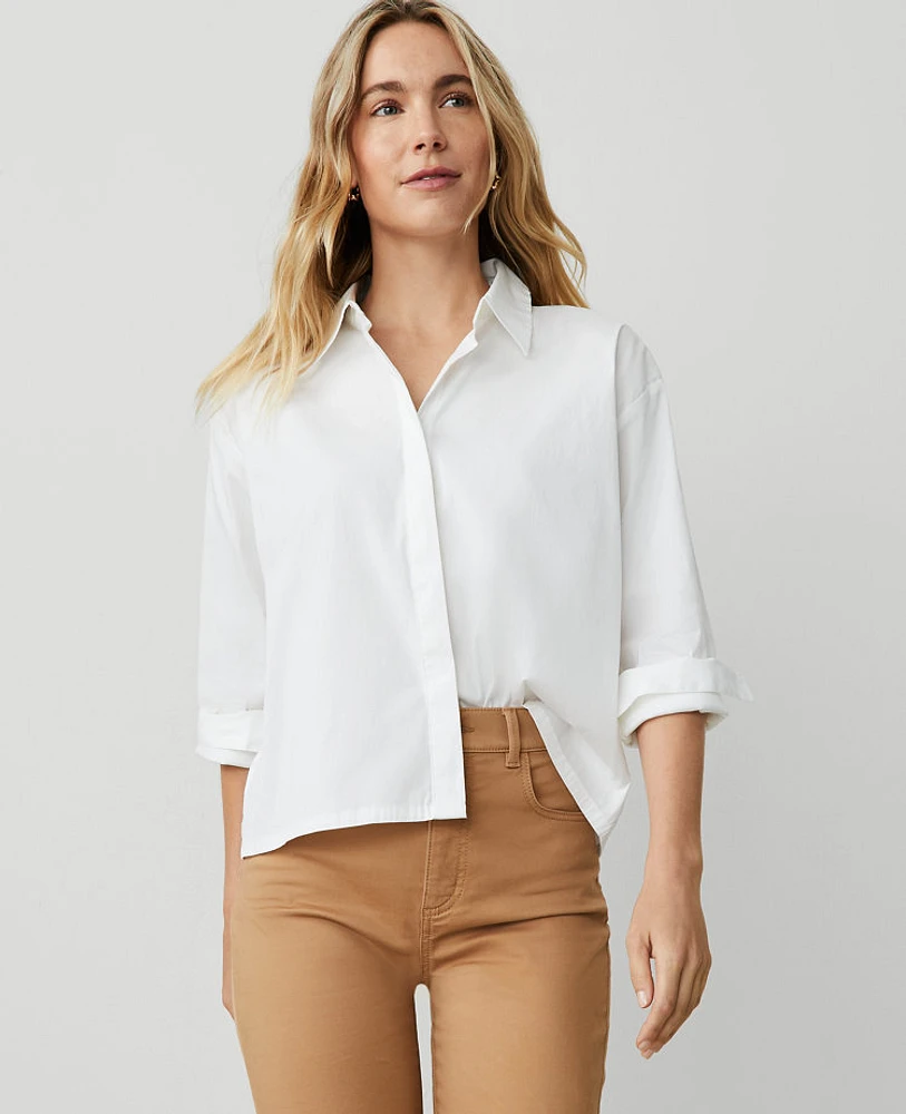 Ann Taylor AT Weekend Cotton Blend Shirt White Women's