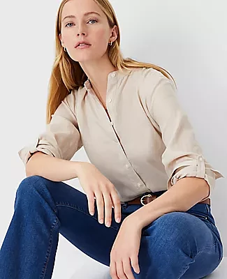 Ann Taylor Petite Linen Relaxed Roll Tab Perfect Shirt