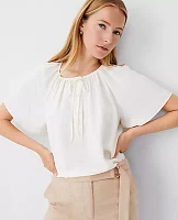 Ann Taylor Petite Shirred Tie Neck Button Popover Top