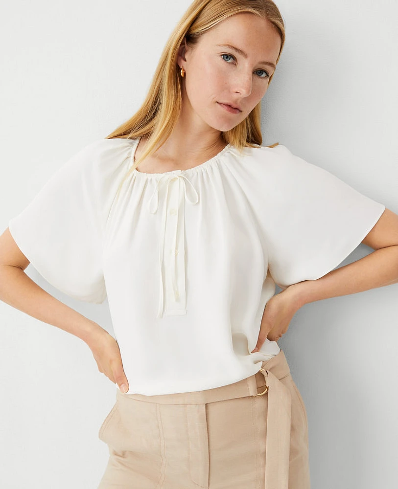 Ann Taylor Petite Shirred Tie Neck Button Popover Top Winter White Women's