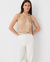 Ann Taylor Petite Asymmetrical Tie Neck Mixed Media Shell Top