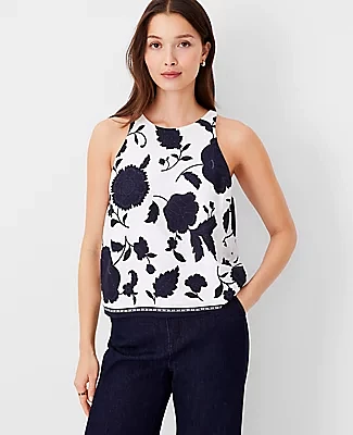 Ann Taylor Petite Floral Border Linen Blend Halter Top