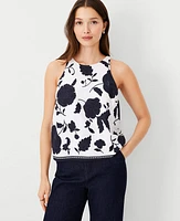 Ann Taylor Petite Floral Border Linen Blend Halter Top Night Sky Women's