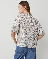 Ann Taylor Paisley Clip Ruffle Split Neck Popover Top Winter White-Baguette Women's