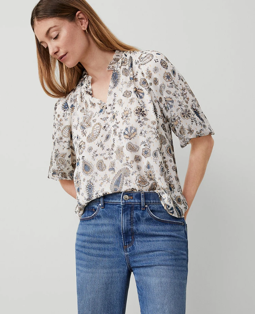 Ann Taylor Paisley Clip Ruffle Split Neck Popover Top Winter White-Baguette Women's