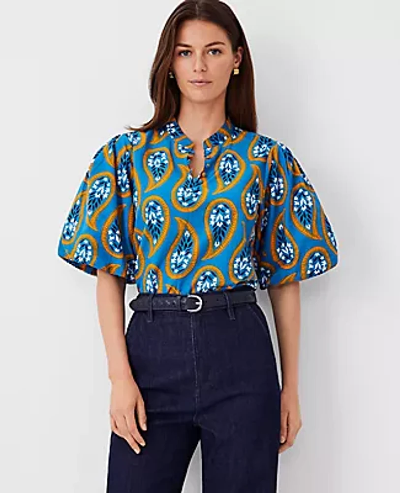Ann Taylor Petite Floral Pleat Sleeve Popover Top