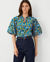 Ann Taylor Petite Floral Pleat Sleeve Popover Top Santorini Women's