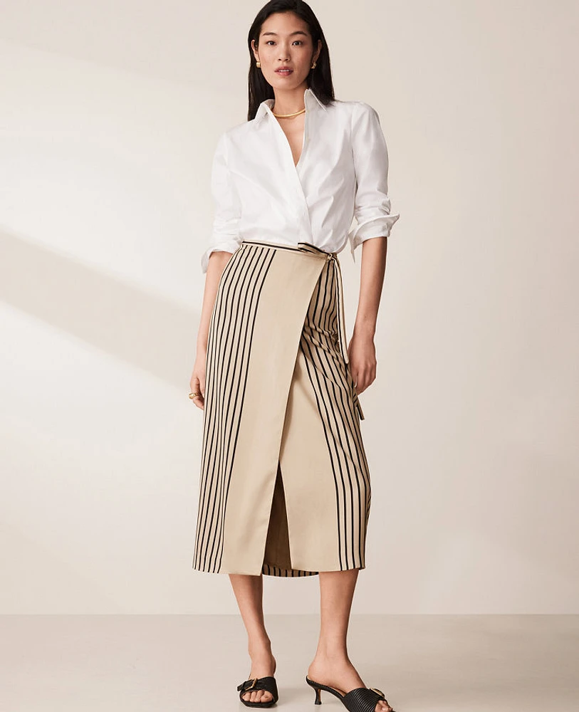 Ann Taylor Petite Striped Wrap Column Skirt Toasted Oat Women's