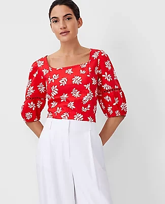 Ann Taylor Petite Leafed Square Neck Puff Sleeve Top