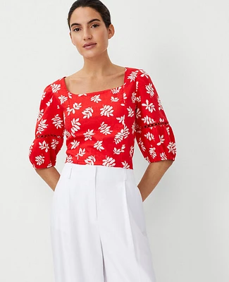 Ann Taylor Petite Leafed Linen Blend Square Neck Puff Sleeve Top Fiery Red Women's