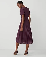 Ann Taylor Belted Pleated Flare Dress Plum Rose Women's