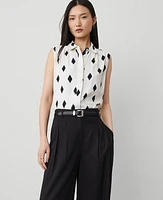 Ann Taylor Geo Collared Shirred Sleeveless Shirt Winter White-Black Women's