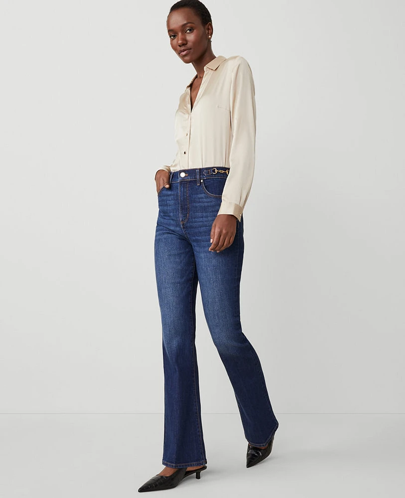 Ann Taylor Petite Horsebit High Rise Flare Jeans Rich Indigo Women's