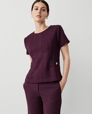 Ann Taylor Tweed Button Trim T-Shirt Plum Rose Women's