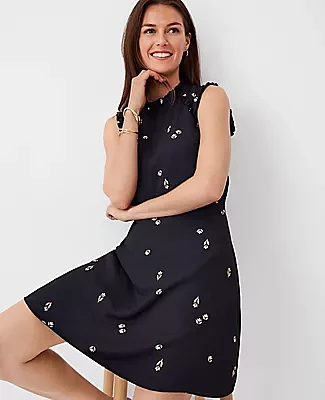 Ann Taylor Petite Floral Ruffle Neck Flare Dress