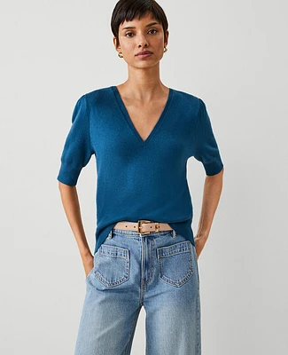 Ann Taylor Puff Sleeve V-Neck Sweater Women's