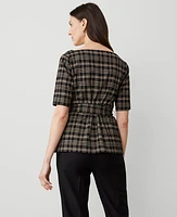 Ann Taylor Petite Plaid Elbow Sleeve Tie Waist Top Black Women's