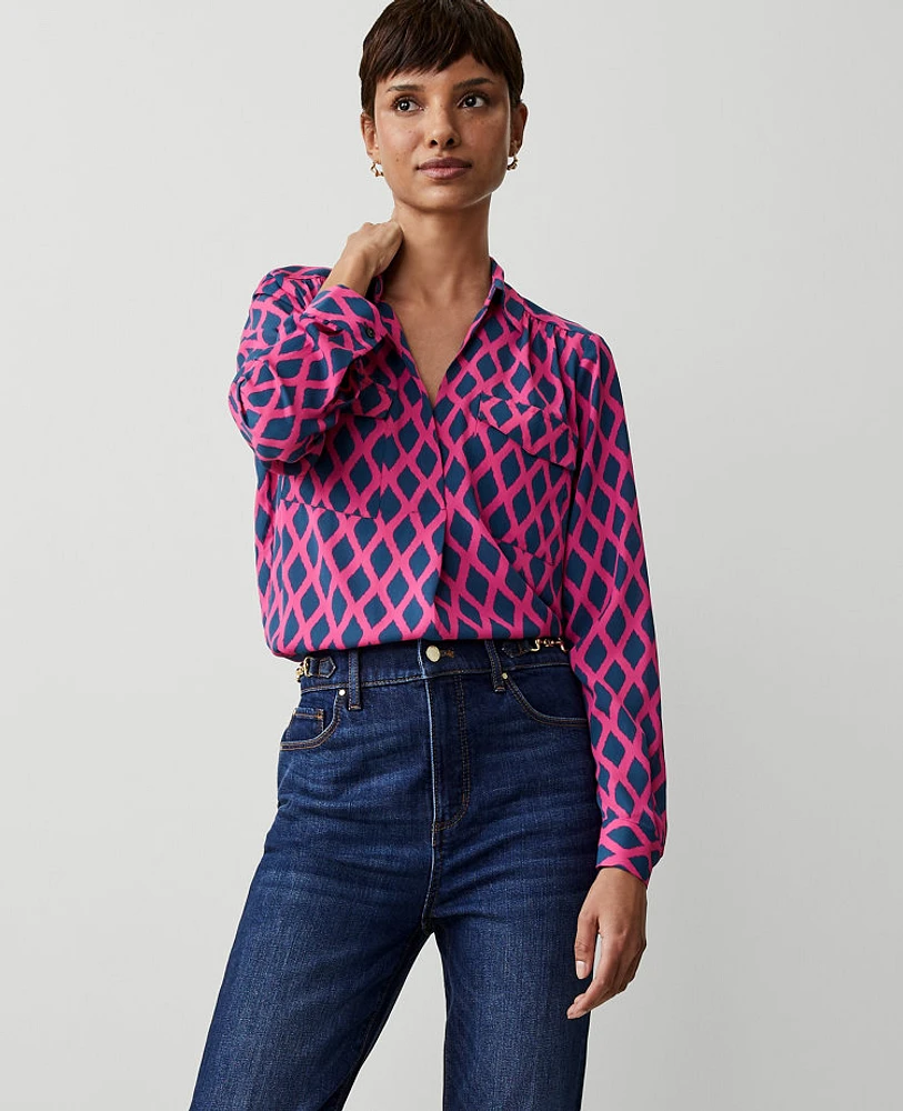 Ann Taylor Geo Camp Shirt Bold Pink Women's