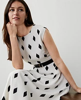 Ann Taylor Petite Geo Boatneck Flare Midi Dress Winter White-Black Women's