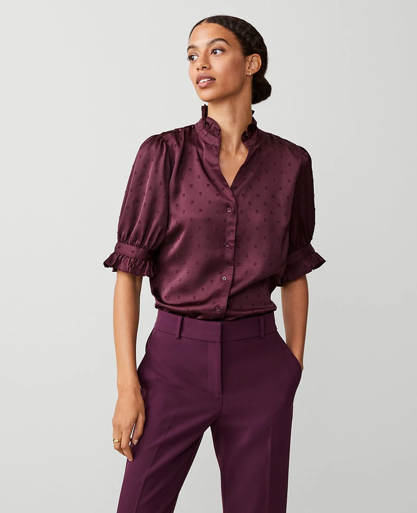 Ann Taylor Petite Ruffle Button Top Plum Rose Women's