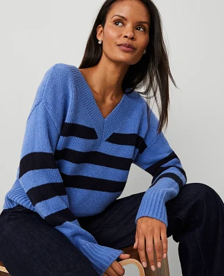 Ann Taylor Stripe Relaxed V-Neck Sweater Blue Multi Women's