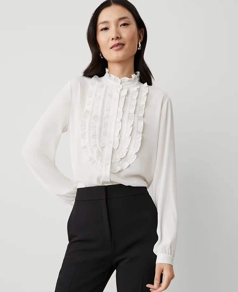 Ann Taylor Tuxedo Ruffle Button Down Shirt Winter White Women's