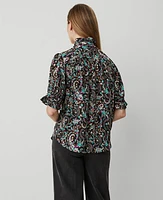 Ann Taylor Paisley Ruffle Button Top Black Women's