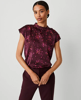 Ann Taylor Petite Floral Trapunto Shoulder Button Top Size XS Plum Rose Women's