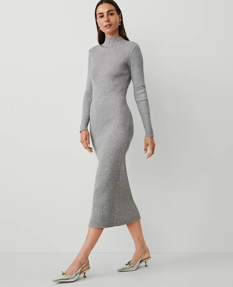 Ann Taylor Shimmer Ribbed Sweater Dress Medium Heather Grey Women's