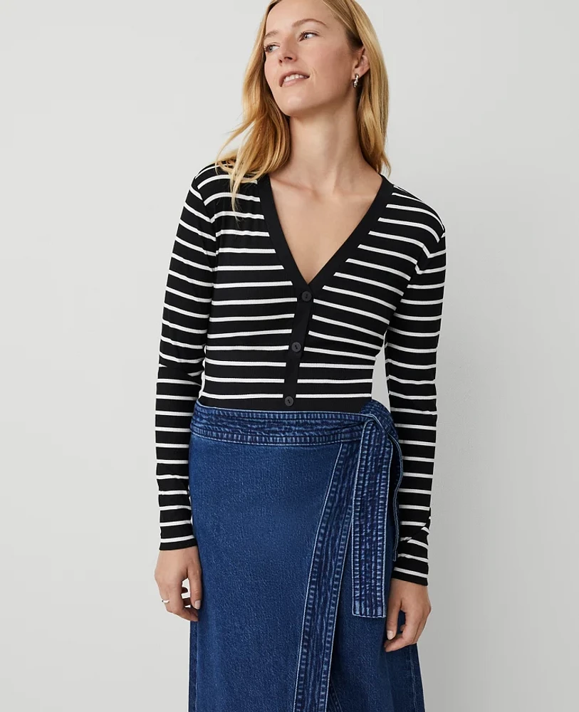 Ann Taylor Weekend Collection Striped V-Neck Cardigan Black Women's