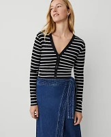 Ann Taylor Striped V-Neck Cardigan Black Women's