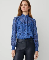 Ann Taylor Floral Chiffon Ruffle Popover Top Dark Periwinkle Women's