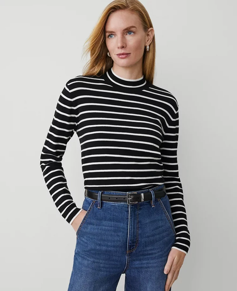 Ann Taylor Essential Stripe Mock-Neck Sweater Black/White Combo Women's