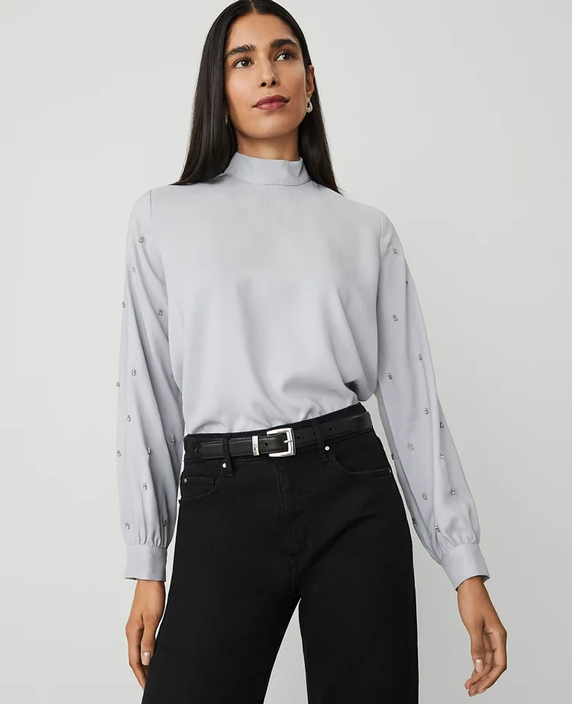 Ann Taylor Embellished-Sleeve Mock-Neck Top Women's