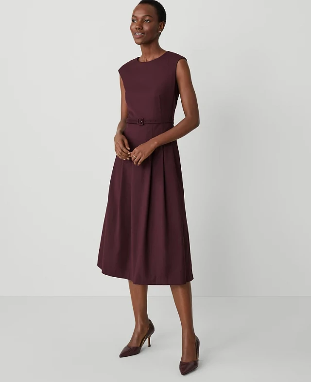 Ann Taylor Petite Belted Pleated Dress Midnight Fig Women's | The Summit Ann Taylor Petite Belted Pleated Dress Midnight Fig Women's | The Summit
