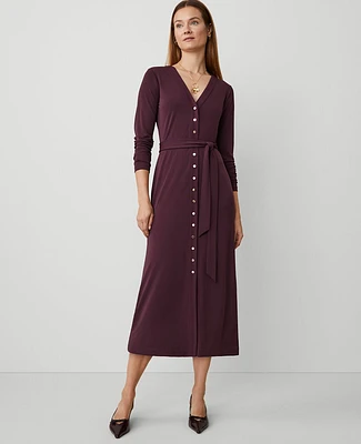 Ann Taylor Button V-Neck Flare Knit Midi Dress Women's