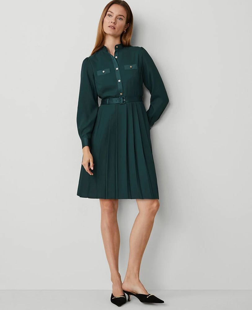 Ann Taylor Pleated Split Neck Flare Dress Deep Slate Green Women's