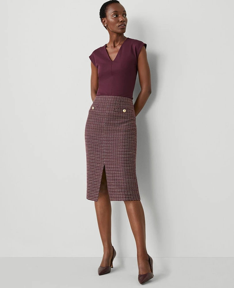 Ann Taylor Tweed Button Pencil Skirt Burgundy Combo Women's