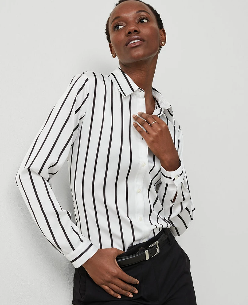 Ann Taylor Stripe Fitted Button Shirt Winter White-Black Women's