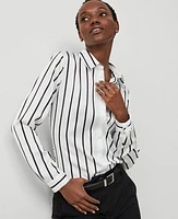 Ann Taylor Stripe Fitted Button Shirt Winter White-Black Women's