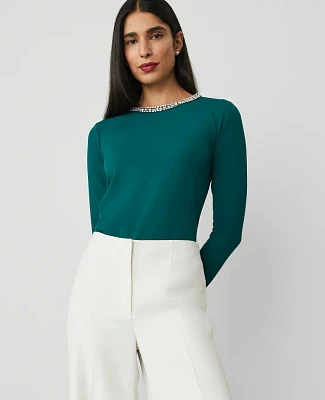 Ann Taylor Jeweled-Neck Top Size Small Rainforest Women's