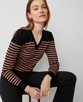 Ann Taylor Stripe V-Neck Sweater Black/Sahara Combo Women's